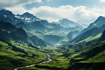 Fototapeta premium breathtaking fusion of mountains and serene valleys unveils a harmonious symphony of ruggedness and serenity that defines these enchanting realms