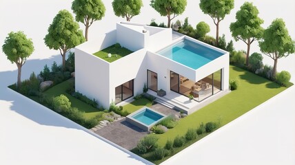 A small modern minimalist house isometric perspective, 3D model miniature
