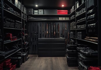 A meticulously organized armory, tactical gear room, symmetrical composition, bright and even lighting, black walls and shelves, various weapons and equipment neatly arranged