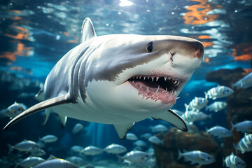 Naklejka premium breathtaking spectacle of a school of fish gracefully gliding through water showcases their harmonious choreography, seamless transitions, and unwavering togetherness, all emblematic of these captivat