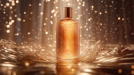 Naklejka premium Golden liquid in glass bottle with water splashing around it