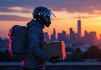 Futuristic Delivery Service at Sunset: High-Tech Courier with Package and Helmet in Urban Skyline, Perfect for Innovative Logistics and Technology Concepts.