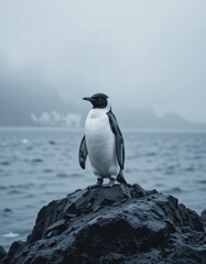 Obraz premium A penguin standing on a rock by the sea