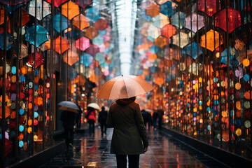 canvas comes alive with a passionate urban backdrop, drenched in rhythmic dance of raindrops, embellished by a kaleidoscope of vibrant umbrellas and alluring radiance emanating from storefronts