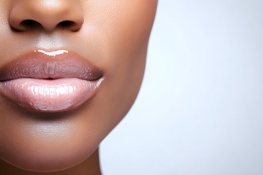 Close-up of african american woman's plump lips with glossy pink lipstick. Beauty treatment, cosmetic concept. Lip care and makeup application for enhancing natural beauty.
