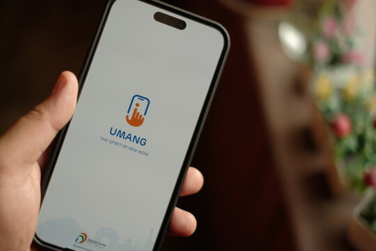 Delhi,  India: &lrm;July, &lrm;2025 - Umang app on phone, by Ministry of Electronics and Information Technology, by the Government of India for access to central and state government services.