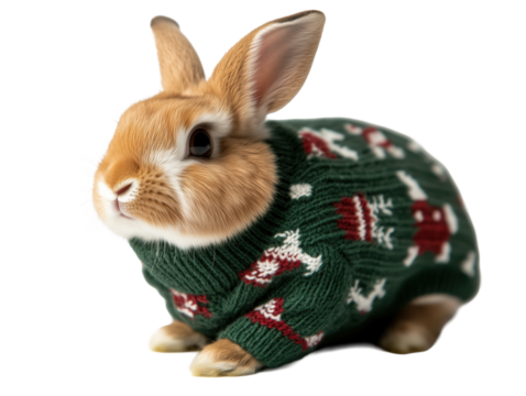 Adorable Bunny in Festive Knit Sweater: Perfect Holiday Stock Photo for Seasonal Greetings