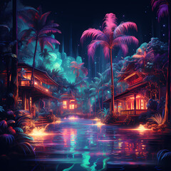 Neon-lit tropical paradise. 
