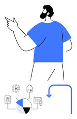 Man gesturing toward financial diagram featuring pie chart, Bitcoin, house, certificate, and arrow. Ideal for finance, investment, blockchain, real estate strategy education flat simple metaphor