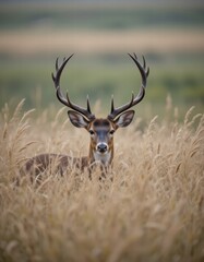 Obraz premium A male deer in the pasture with his big antlers