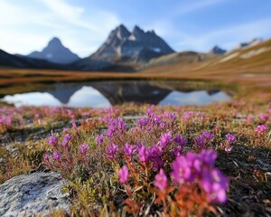 Obraz premium Stunning Landscape Image Vibrant Field Of Purple Flowers Frames Clear Lake Reflecting Jagged Rock Mountains Under Beautiful, Color Rich Sky