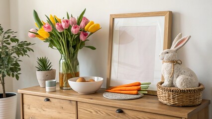 Elegant Easter Decor with Tulips and Bunny Figurine.