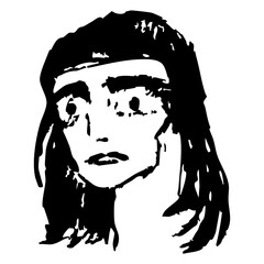 Cassandra. Head of a terrified brunette woman with wide open eyes. Portrait of a tribal youth. Fanatic person. Hand drawn linear doodle rough sketch. Black and white silhouette.