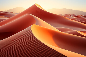 desert sand dunes exude an ethereal aura, flaunting exquisitely sculpted formations crafted by whimsical dance of wind and ever shifting palette of sand tones that evolve with passing of each sun kiss