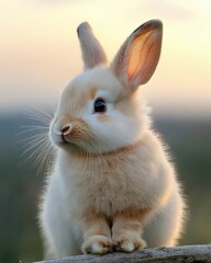 Obraz premium Soft Rabbit At Sunrise Sunset Delicate Fluffy Bunny On Wooden Log With Expressive Eyes Pink Ear Against Warm Background