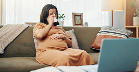 Cry, tissue and laptop with pregnant woman on sofa for sad movie, depression and mood swings....