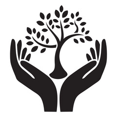 Fototapeta premium Tree of Life in Hands , Symbol of Growth and Care, Nature Logo Design, Tree And Hands silhouette vector.