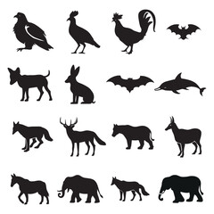 Animal Silhouette Collection, Wildlife and Farm Animals Vector Set.