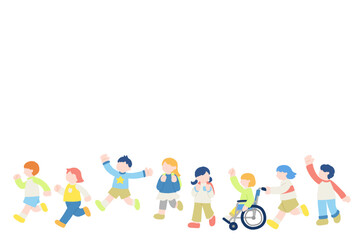楽しそうに走るこども達のフラットなイラスト(セット)

