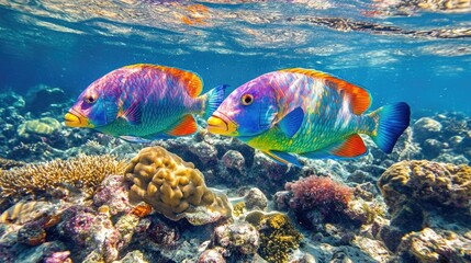 Two Rainbow Parrotfish Swimming Through Coral Reef