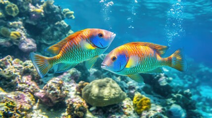 Naklejka premium Two Colorful Fish Swimming in a Coral Reef