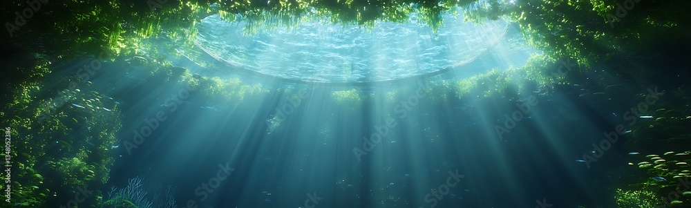 Poster sunlight filters through water, illuminating a serene underwater scene with shimmering fish.
