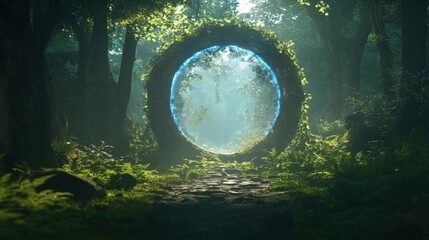 Fototapeta premium A glowing portal entrance exists in a sunlit forest setting