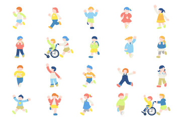 楽しそうに走るこども達のフラットなイラスト(セット)
