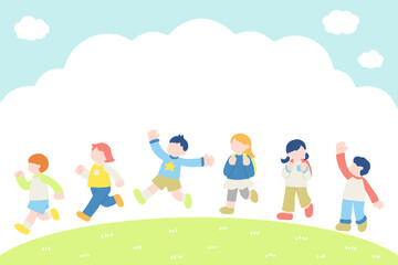 外で楽しそうに走るこども達のフラットなイラスト(セット)
