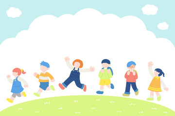 Fototapeta premium 外で楽しそうに走るこども達のフラットなイラスト(セット) 