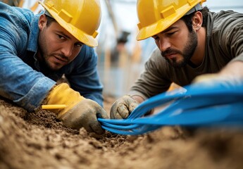 Two workers handling blue pipes outdoors, close-up shot, natural light, construction site