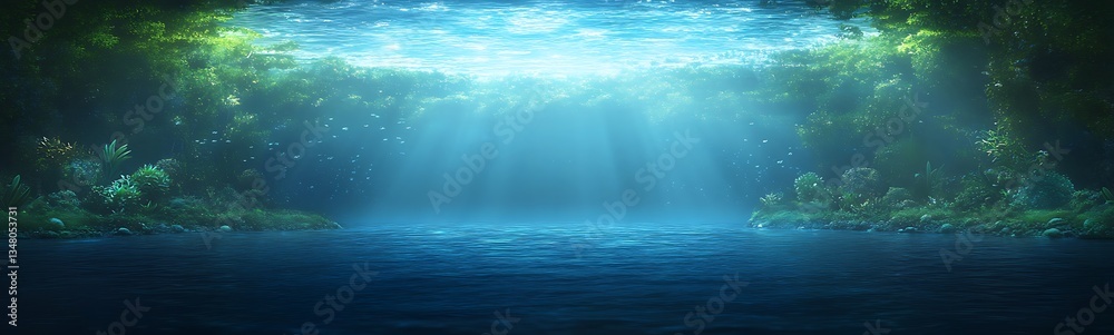 Aufkleber Underwater scene illuminated by sunlight, creating a serene aquatic atmosphere.