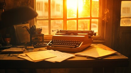 Golden Hour at the Writer's Desk: A Vintage Typewriter Basking in the Sunset's Glow