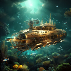 Steampunk submarine exploring the depths.