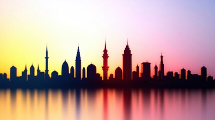 Fototapeta premium A vibrant skyline silhouette against a colorful sunset, showcasing various architectural styles and structures reflected on the water.