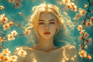 Spring mood, dark night and warm mystic light - complementary lighting. Gorgeous caucasian young woman surrounded by cherry blossoms. Commercial ad campaign idea. Bright woman in floral park.