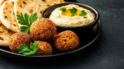 Crispy Falafel Balls with Hummus and Warm Flatbread Served on a Black Plate