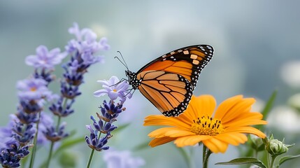 Fototapeta premium Butterfly pollinating colorful flowers in spring nature scene floral beauty serenity