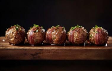 Savory meatballs wrapped in bacon with fresh herbs on a wooden board suitable for delicious appetizers and gourmet meals in a dark background setting