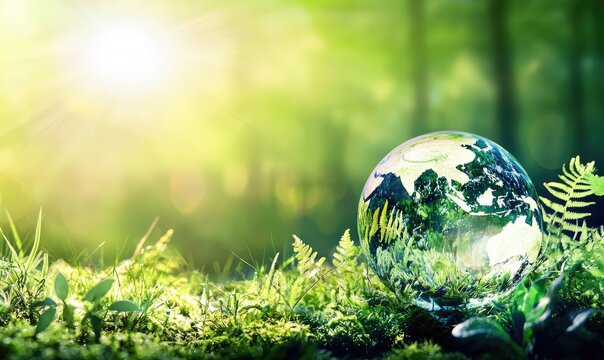 A reflective glass globe resting on vibrant green grass under sunlight, symbolizing sustainability, ecology, and environmental protection. Ideal for Earth Day, eco-awareness, and conservation themes