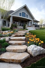 Modern Gray Stone Porch Entrance Captivating Architectural Design With Garden Element Two-Story Homes Welcoming Front Featuring Gable, Dark Railing, And Landscaped Stone Steps
