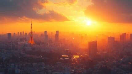Fototapeta premium Tokyo Sunset: Golden Hues over the Cityscape