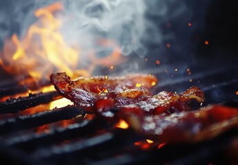 Sizzling Bacon on Grill with Flames and Smoke, Capturing Deliciousness and Culinary Art in An Outdoor Barbecue Setting