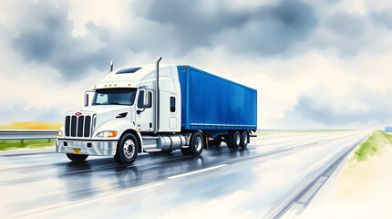 Fototapeta premium A white truck with a blue trailer speeding on a wet highway under a dramatic, overcast sky.