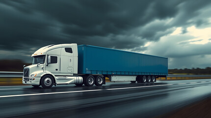 A white truck with a blue trailer driving on a wet highway under a dramatic, overcast sky.
