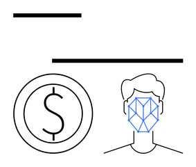 Facial recognition lines over human head next to dollar coin outline. Ideal for biometrics, digital wallets, fintech, cybersecurity, contactless payment, security technology, flat simple metaphor