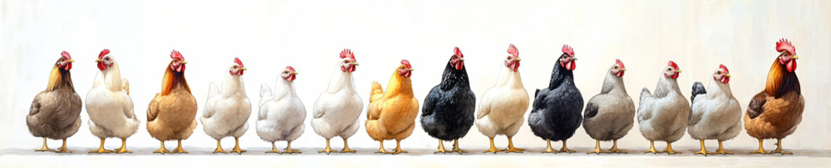 Fototapeta premium A serene watercolor illustration of a line of colorful chickens suitable for farm-themed decor, children's art, or springtime celebrations.