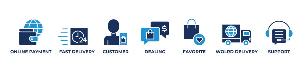 Global Shopping Experience Icons set vector illustration with ONLINE PAYMENT, FAST DELIVERY, CUSTOMER, DEALING, FAVORITE, WOLRD DELIVERY, SUPPORT