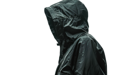 Mysterious person wearing a hooded raincoat walking in the city