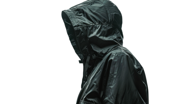 Mysterious person wearing a hooded raincoat walking in the city